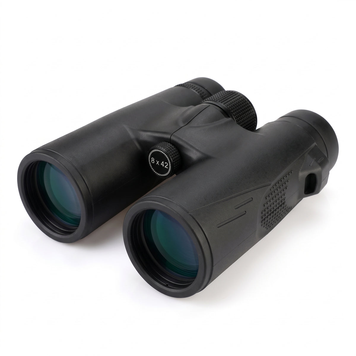 Jumelles 8x42 Sentier noires, vue de trois quarts, mention 8x42 sur l'oculaire droit