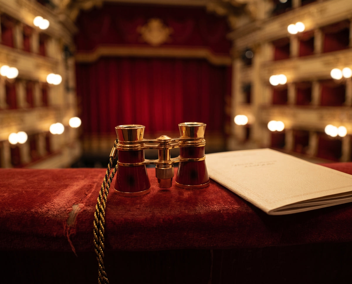 Jumelles de théâtre Scène rouges sur l'accoudoir d'un balcon de théâtre