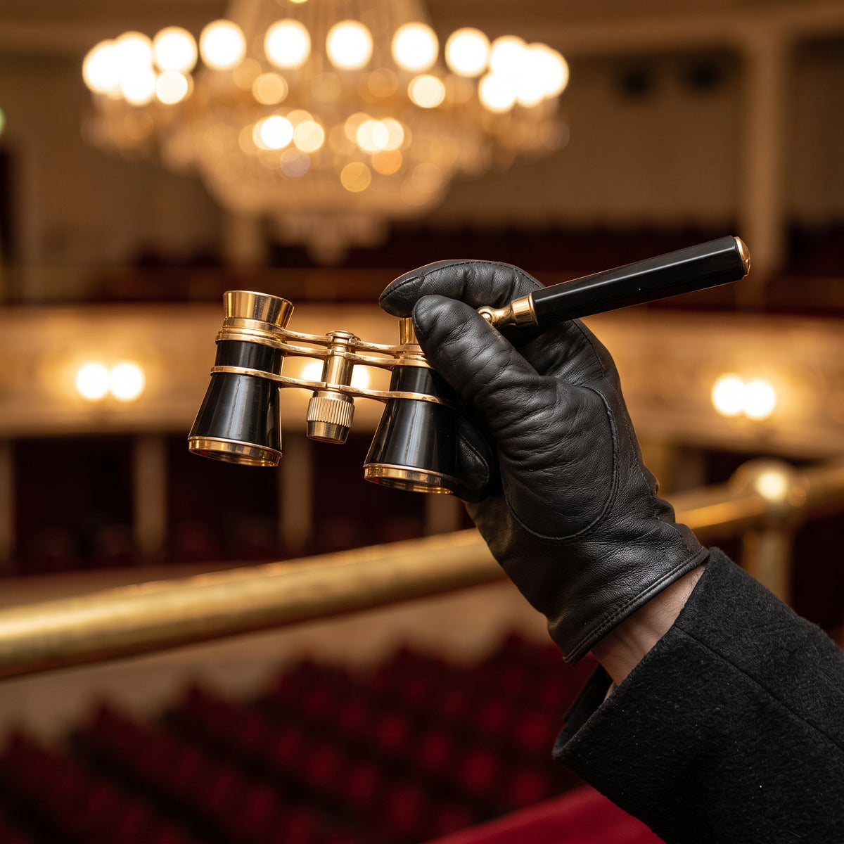 Jumelles de théâtre Scène noires en main gantée, balcon d'opéra