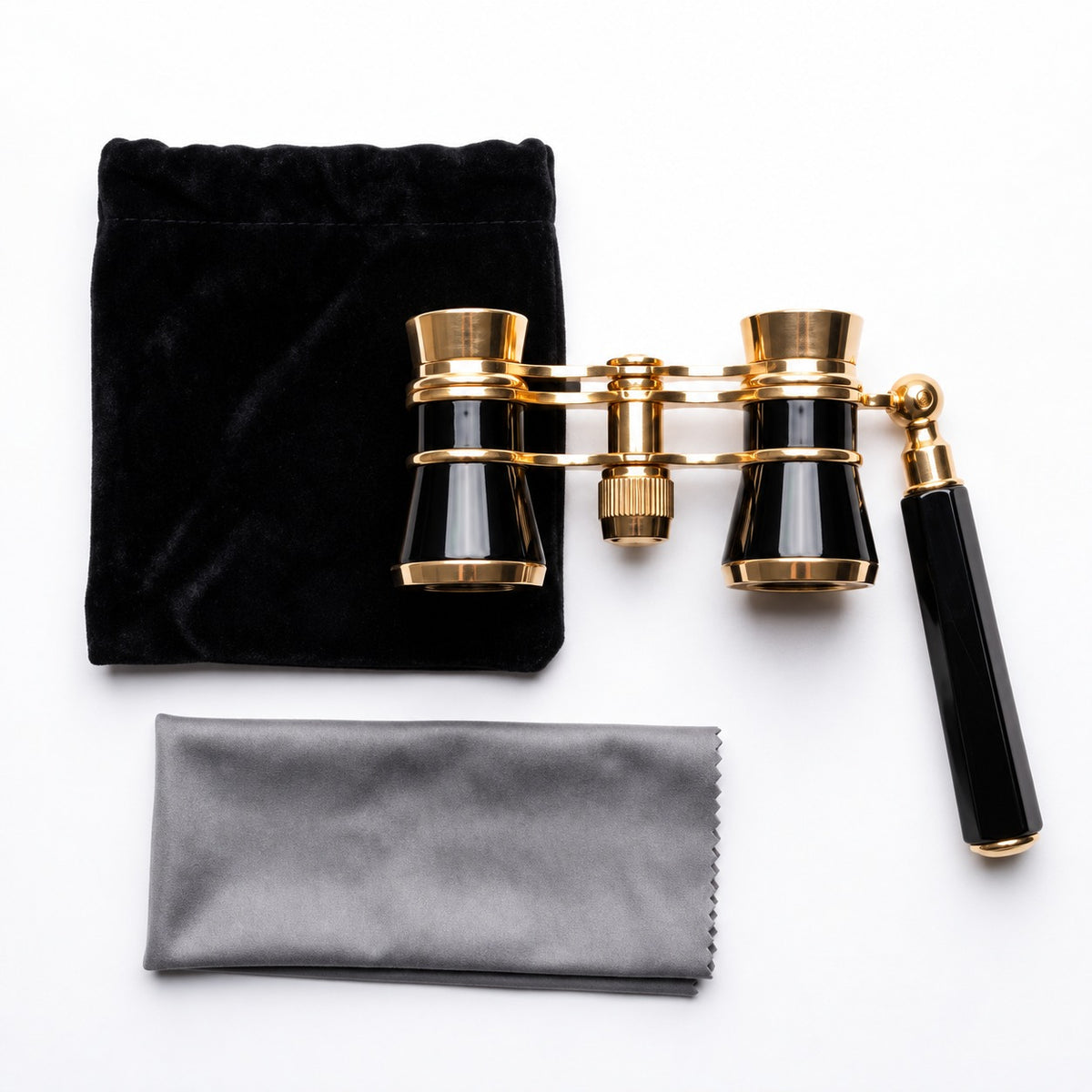 Contenu du colis : jumelles de théâtre Scène noires, pochette velours, chiffon
