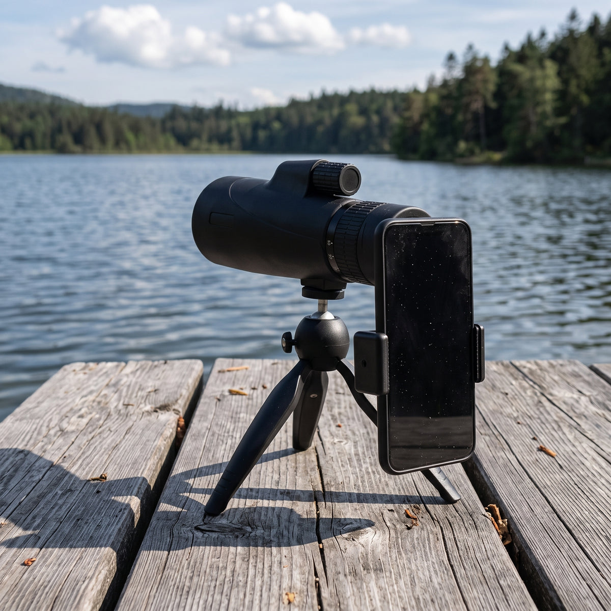 Monoculaire Solo avec smartphone dans le clip, au bord d'un lac